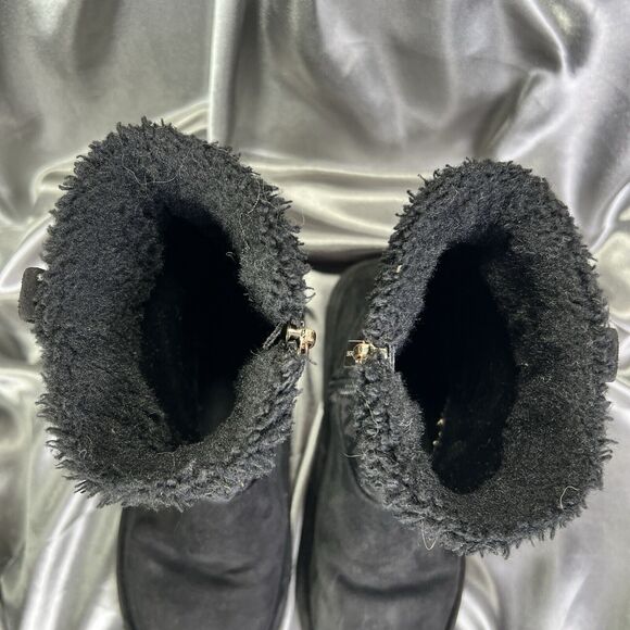 Michael Kors Yancy Faux Fur Boots Booties Girls 13 Black / Gold MK Logo Winter - Picture 13 of 14